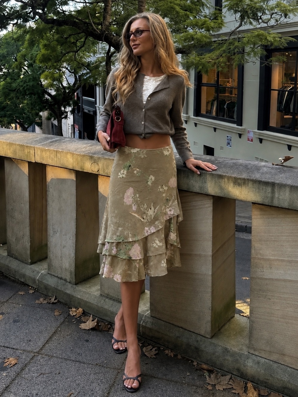Bianca Nygård 100% Silk Tan Floral Tiered Asymmetrical Midi Tiered Skirt Size 14